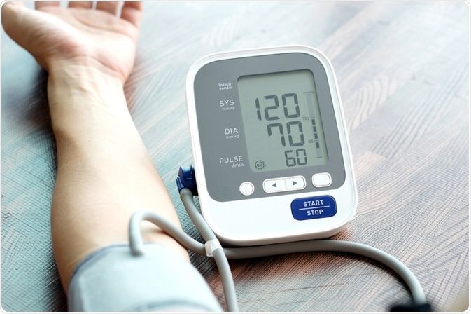 A digital blood pressure monitor displaying readings next to a person's arm.